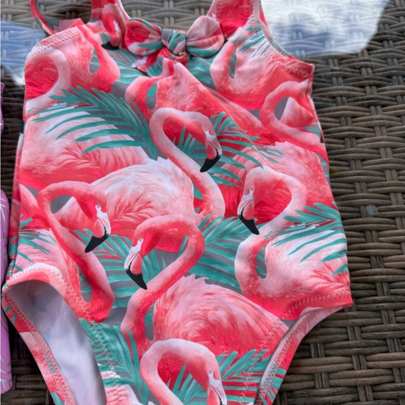 Kids Flamingo and Purple Scallop One Piece Swimsuit Set - Picture 2 of 3